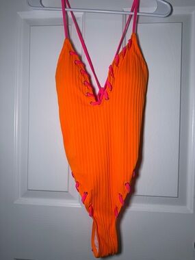 SHEIN Neon Orange One-Piece Swimsuit with Pink Trim